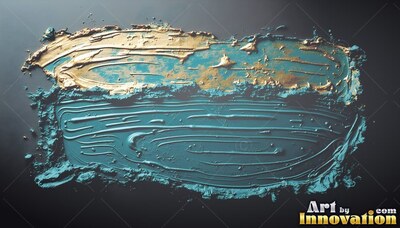 Thick gold ridges top a wide sweep of teal paint spread across a dark gray surface