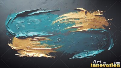 Wet teal and gold paint spreads across a dark surface, catching soft light on raised ridges