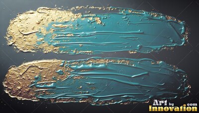 Stretched across a dark surface, two thick strokes of wet teal and gold paint