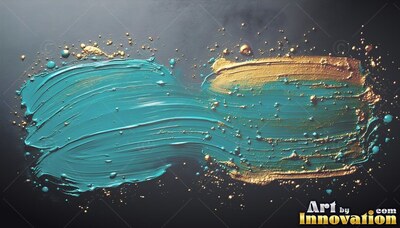 Thick teal and gold brush strokes smeared against dark gray surface with tiny paint splatters