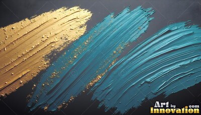 On a dark surface, thick gold and teal brushstrokes sweep diagonally