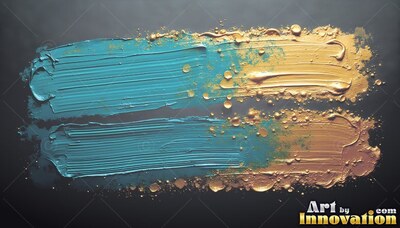 Sweeping across a dark surface, heavy teal paint blends into wet gold paint