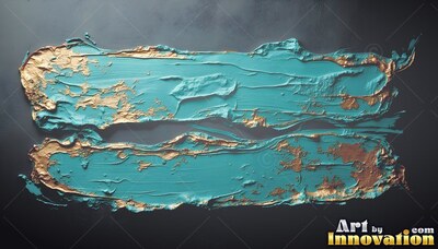 Two wet teal paint mixed with gold strokes on a dark surface