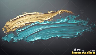 Thick textured ridges define gold and teal oil paint strokes over dark gray backdrop