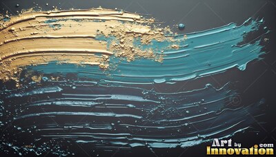 Teal and golden paint brushes across black slate with textured, wet ridges