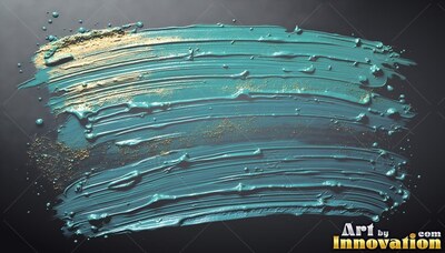 Swept horizontally across dark paper, wet teal paint carries flecks of gold dust