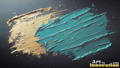 Thick teal and gold paint brushed across a dark, smooth background