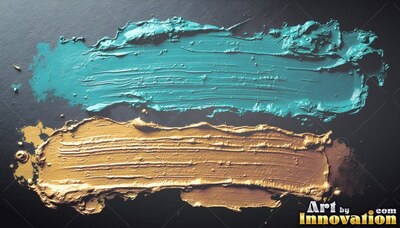On a black surface, thick gold and teal paint streaks sit side by side