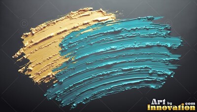 Sweeping across dark gray, thick gold and teal paint strokes show ridged brush marks
