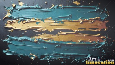 Gold and teal paint strokes spread across a black background