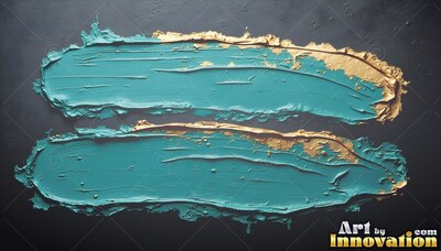 Gold edges trim two heavy teal paint strokes resting parallel on a dark surface