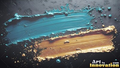 Teal and gold paint curves across black stone, catching cool overhead light