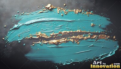 Sweeping horizontally across black, teal paint with thick gold ridges