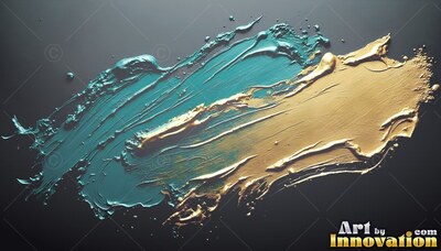 Thick strokes of teal and golden paint smeared diagonally across a dark surface