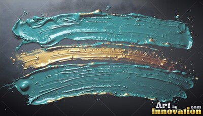 On a black background, thick wet teal and gold paint sweeps horizontally across