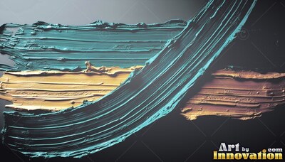 Sweeping across gold layers, a rich teal paint smear curves over a dark backdrop