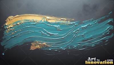 Thick teal and gold paint strokes on a dark background