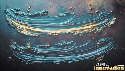 Thick ridges of gold and teal paint curve across a dark, speckled surface
