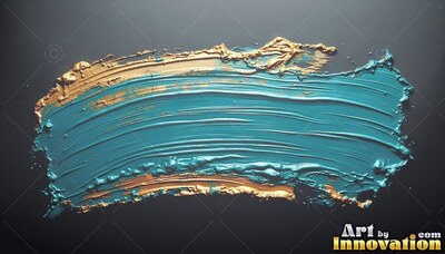 A wide stroke of teal paint stretches across a dark space with thick edges of shiny gold