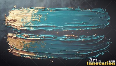 Lying flat on black, two horizontal teal brush strokes are tipped with gold foil