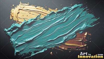 Rich teal paint mixed with gold streaks layered over a dark background