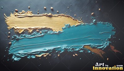 On a dark surface, thick teal paint mixed with gold strokes lie side by side
