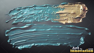 Stretching across black, thick wet teal and gold paint smears show ridged brush marks