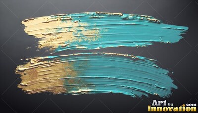 Two thick brushstrokes of gold and teal paint on dark gray