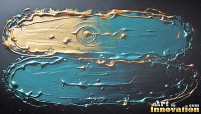 Thick gold ridges edge two teal paint strokes centered on a dark slate background