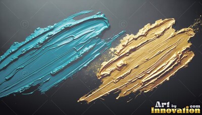 Gold and teal paint brushstrokes sweep over a dark gray surface with shiny highlights