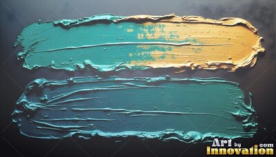 Stretched horizontally across a black surface, thick teal and yellow paint strokes