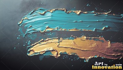Thick sweeps of teal and metallic gold paint stretch across a dark surface
