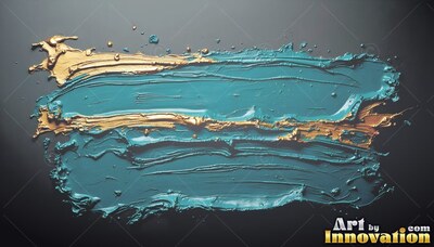 On a dark gray backdrop, heavy teal paint mixes with streaks of gold