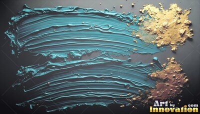 Sweeping across dark gray, two teal paint strokes meet splashes of rough gold leaf