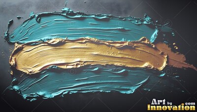 Thick wet teal and gold paint strokes on a black background