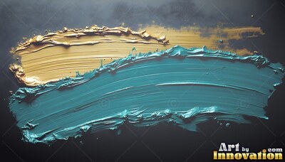 Thick ridges of teal and golden paint sweep horizontally over dark gray surface