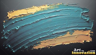 Teal paint brushes across a dark surface, edged with thick ridges of yellow paste