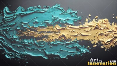 Spreading horizontally on dark gray, thick gold and teal paint streaks mingle