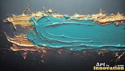 Thick teal paint is smeared over splattered gold paint on black