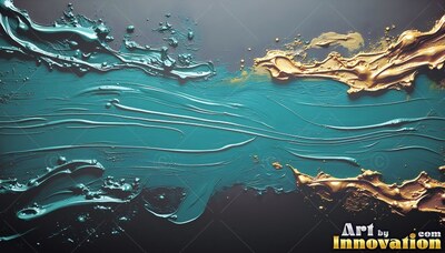 On a dark gray surface, thick gold and teal paint is brushed across the center