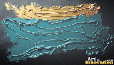 Sweeping across dark gray, thick gold and teal paint leaves raised ridges
