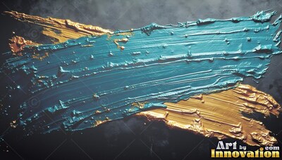 Thick teal and gold paint strokes on a dark surface