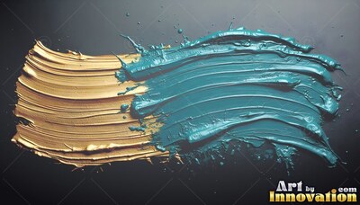Ridged gold and teal paint flows across a dark surface with fine splatters