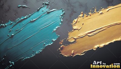 Thick teal and golden paint strokes sweep across a dark surface under soft overhead light