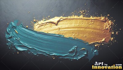 Angled thick strokes of teal and gold paint across a dark surface