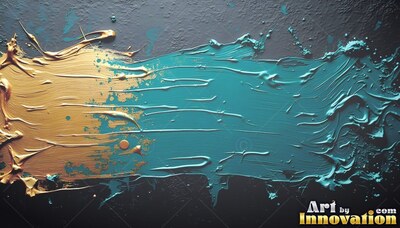 Thick gold and teal paint smeared horizontally across a dark textured surface