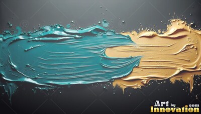 Over a dark gray surface, thick teal and tan paint flows horizontally