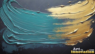 Sweeping across dark gray, deep teal paint blends into gold brushstrokes
