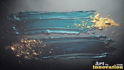 Wet teal paint strokes with gold powder on dark gray