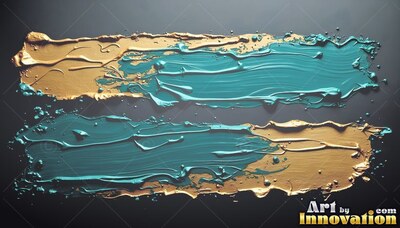 Bristle ridges mark thick teal and gold paint strokes across a dark gray surface